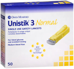 Unistik 3 Normal, Safety Lancets - 50 single-use safety lancets