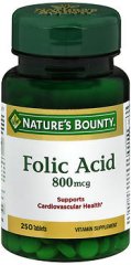 Nature's Bounty Folic Acid 800 mcg Vitamin Supplement Maximum Strength - 250 Tablets