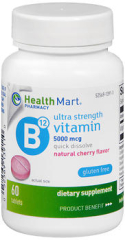 Health Mart Vitamin B12 5000 mcg Dietary Supplement Tablets Ultra Strength Natural Cherry Flavor